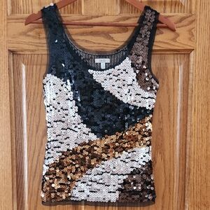 Cache Copper, Gold, Bronze Black Sequin Mesh Tank Top